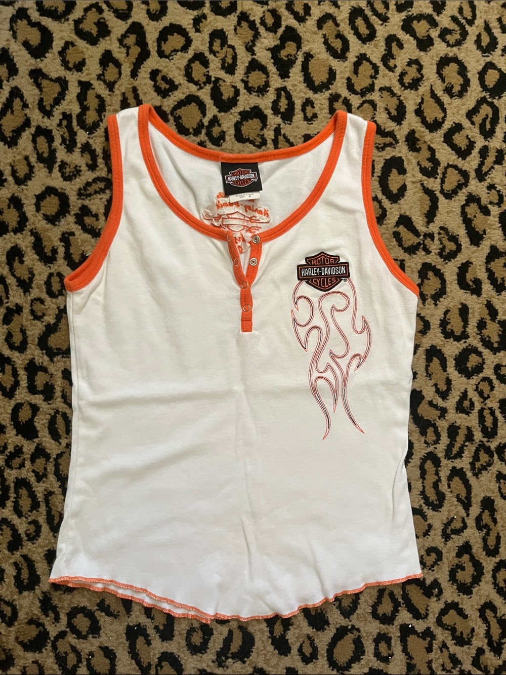 Harley-Davidson White Tank Top with Orange Trim and Flame Patch